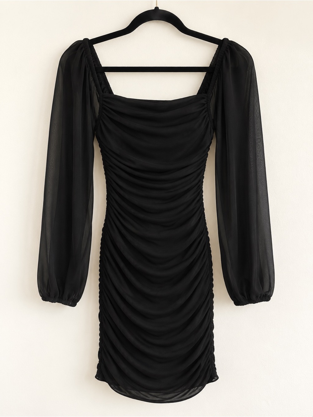 Wenrine Black Ruched Sheer Sleeve Bodycon Mini Dress X-Small NWOT